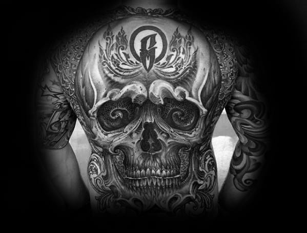 Guys Full Back Detailed 3d Skull Tattoo Inspiration