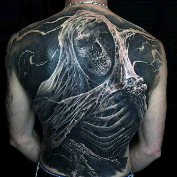 Guys Full Back Greyish Howling Ghoul Tattoo