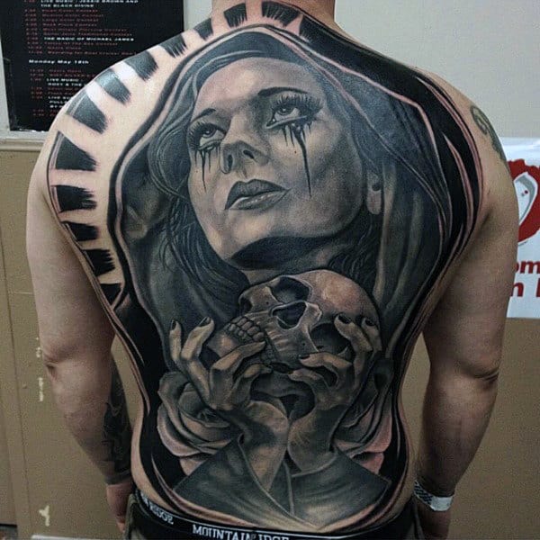Guys Full Back Lady With Bloody Tears And Skull Tattoo