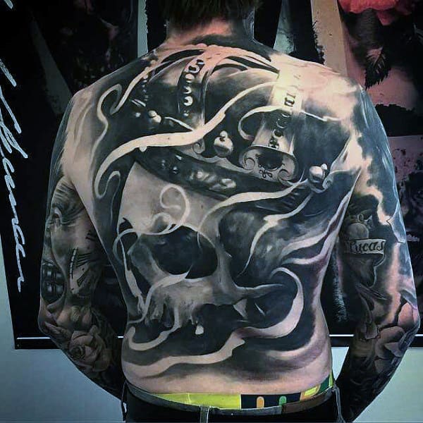 Guys Full Back Monochrome Modern Art Tattoo