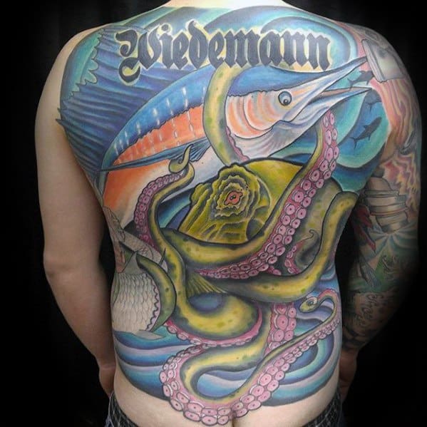 Guys Full Back Octopus With Marlin Fish Tattoo Deisgns
