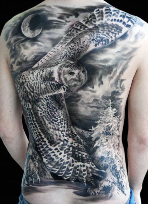 Guys Full Back Owl Flying At Night With Moon Sky Tattoo Ideas