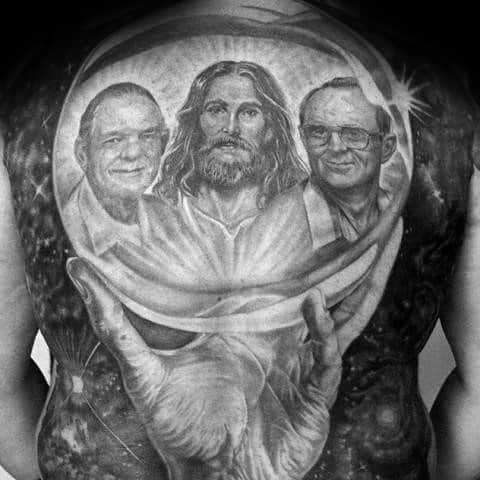 Guys Full Back Realistic Tattoos With Crystal Ball With Jesus Portrait Design