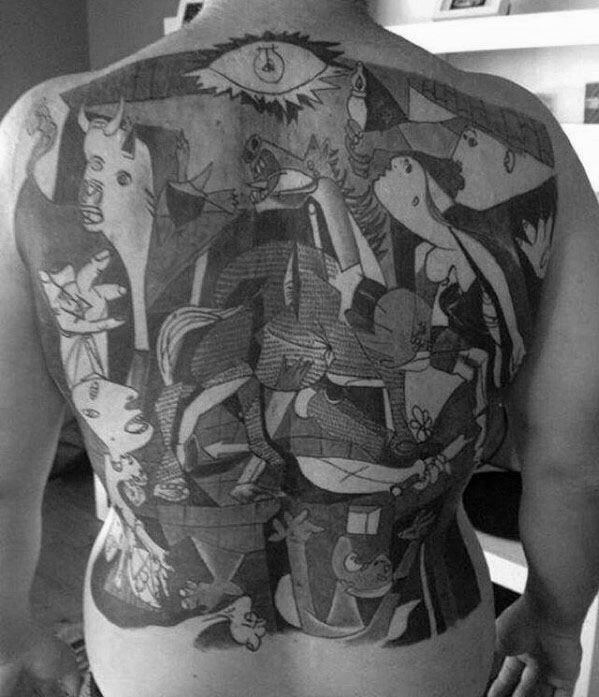 Full back tattoo of Picasso’s *Guernica*, intricately covering the entire back with dramatic figures, the screaming horse, and all-seeing eye.