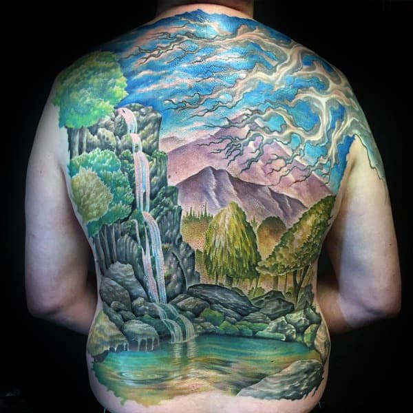 Guys Full Back Waterfall Tattoos