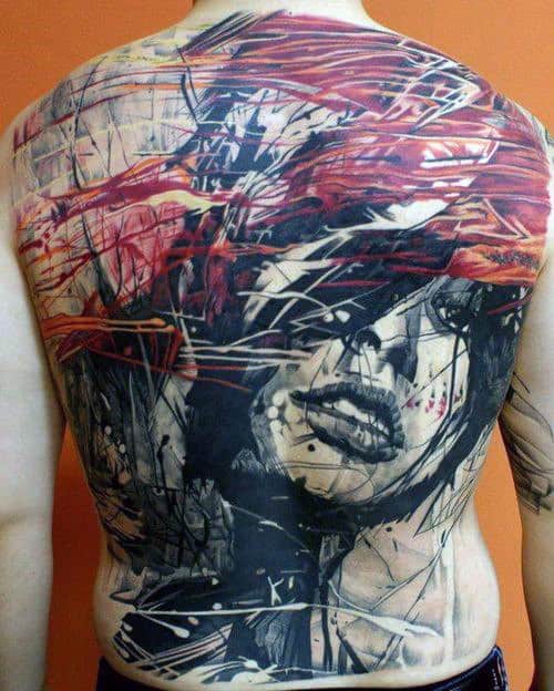 Guys Full Back Woman Face With Red Scribbled Painting Tattoo