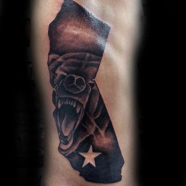 Guys Full Rib Cage Side Roaring Shaded California Bear Tatto Design
