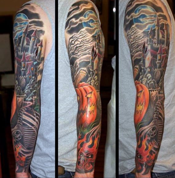 Guys Full Sleeve Amazing Halloween Tattoo