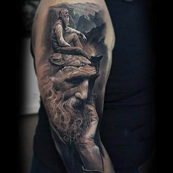 Guys Full Sleeve Black And White Bearded Man In Deep Thought Tattoo