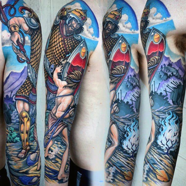 Guys Full Sleeve Colorful David And Goliath Tattoos