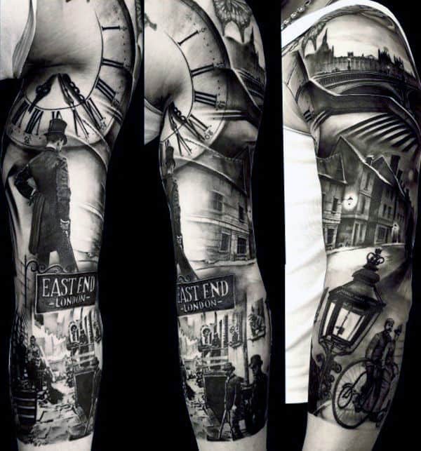 Guys Full Sleeve Grey Busy Street In London Realistic Tattoo