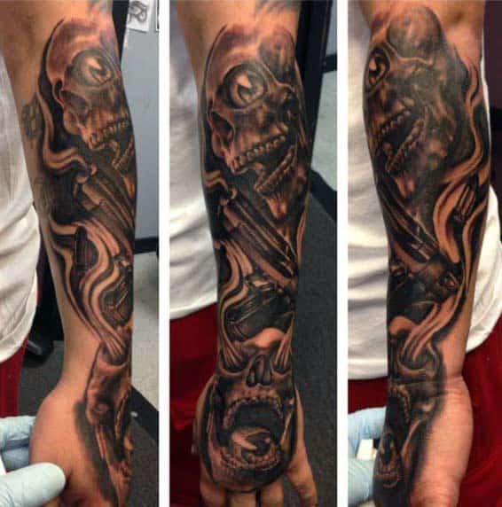 Guys Full Sleeve Skull Bullet Tattoos