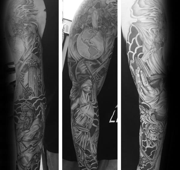 Guys Full Sleeve Tattoo Design Of Lady Justice