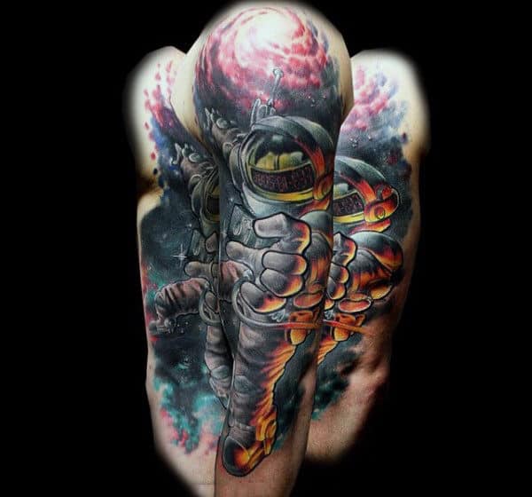 Guys Full Sleeve Touch Me If You Can Astronaut Tattoo