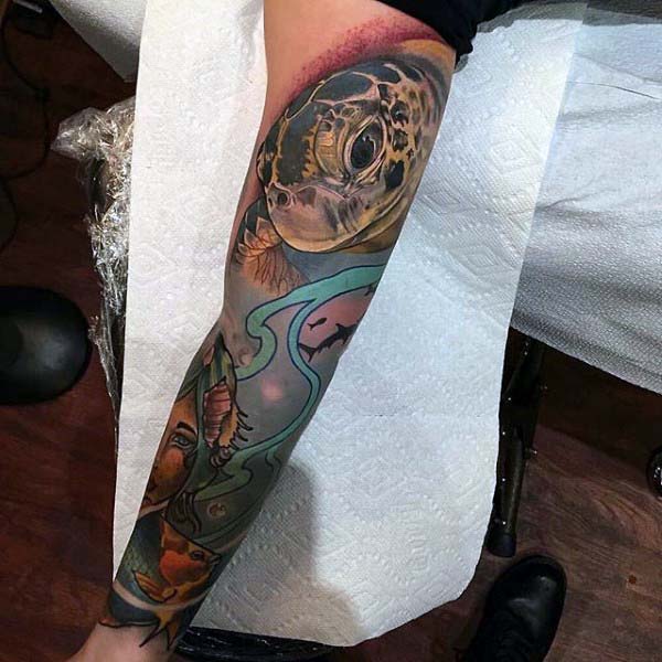 Guys Full Sleeve Turtle Tattoo Design Ideas