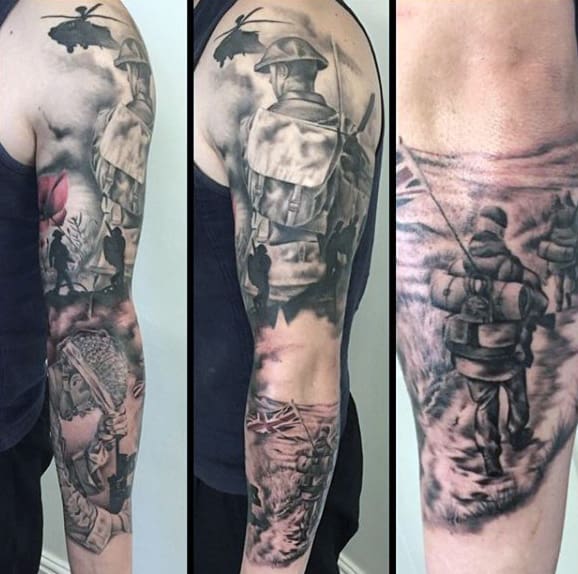 Guys Full Sleeve Ww2 Themed Tattoo Designs