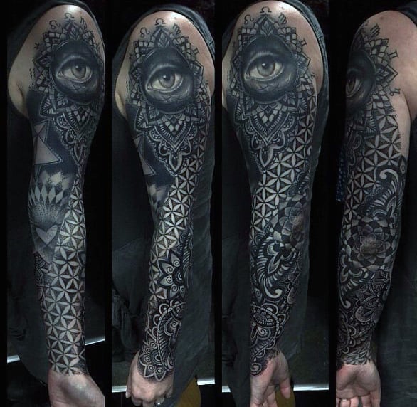 Guys Full Sleeved Grayish Black Tattoo Of Eye