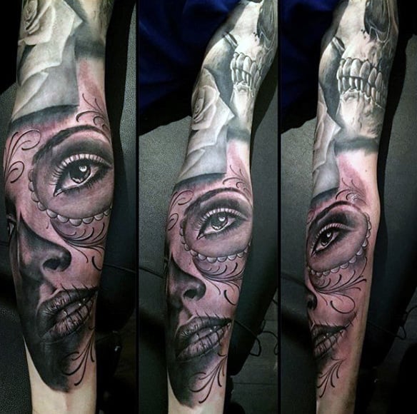 Guys Full Sleeved Pretty Eyed Day Of The Dead Woman Tattoo