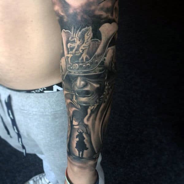 Guys Full Sleeves Black And Grey Viking Tattoo