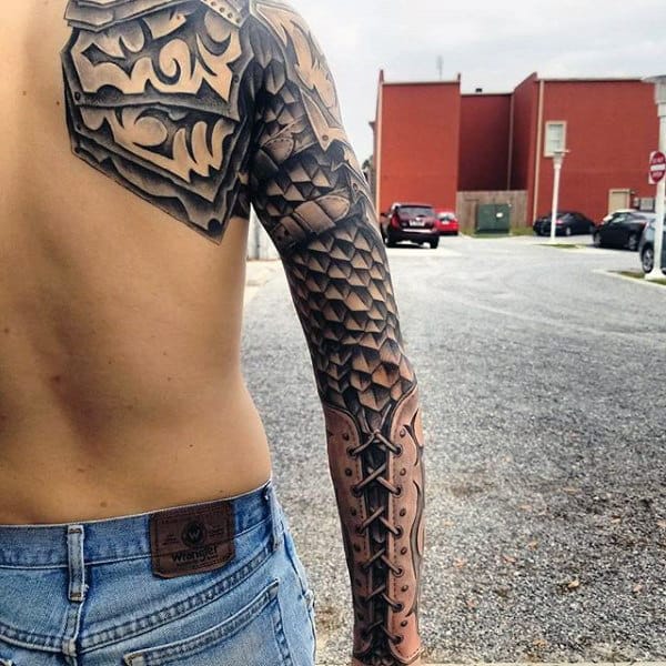 Guys Full Sleeves Black And White Zipper Tattoo