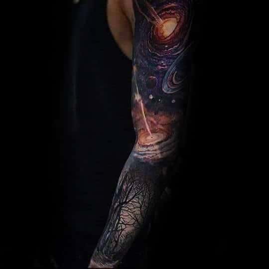 Guys Full Sleeves Dry Forest And Astronomy Tattoo