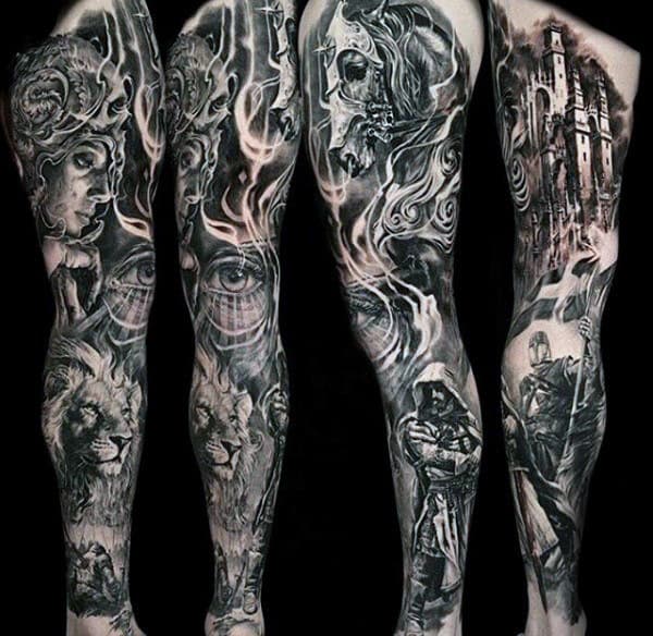 Guys Full Sleeves Fantastic Black And Grey Tattoo