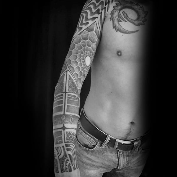 Guys Full Sleeves Grey Dotwork Tattoo
