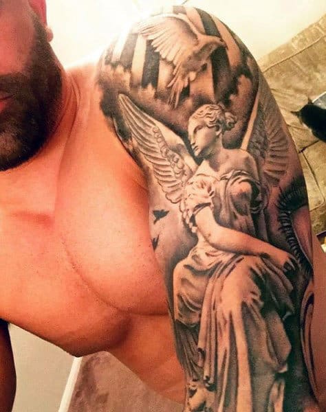 Guys Full Sleeves Guardian Angel And Flying Bird Tattoo