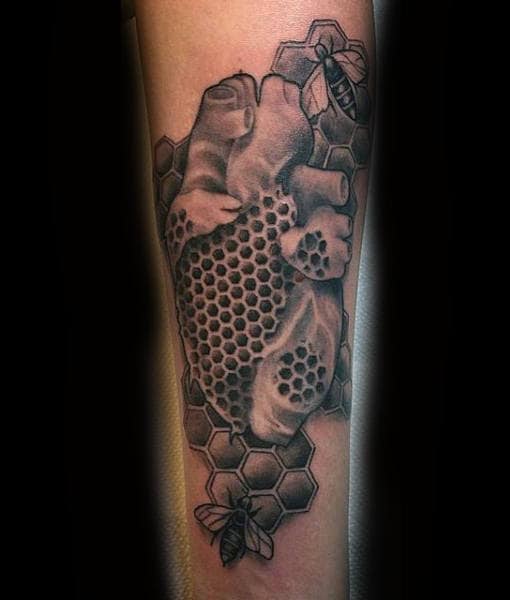 Guys Full Sleeves Honeycomb Inside Anaomical Heart Tattoo