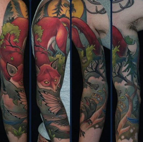 Guys Full Sleeves Incredible Fox Tattoo