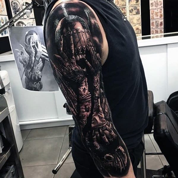 Guys Full Sleeves Interesting Grey Tattoo