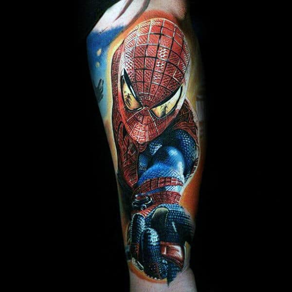 Guys Full Sleeves Realistic Spiderman Tattoo