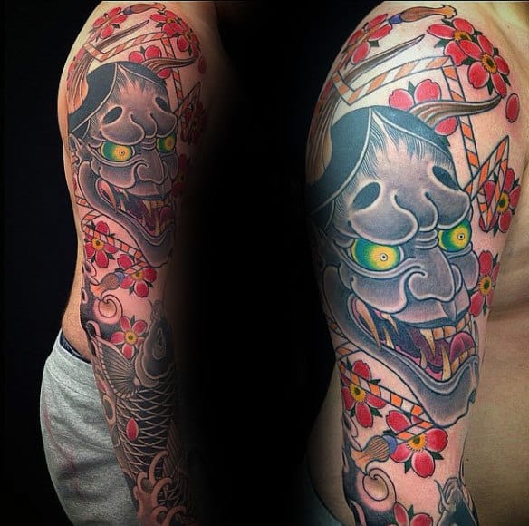 Guys Full Sleeves Red Flowers And Beast Tattoo