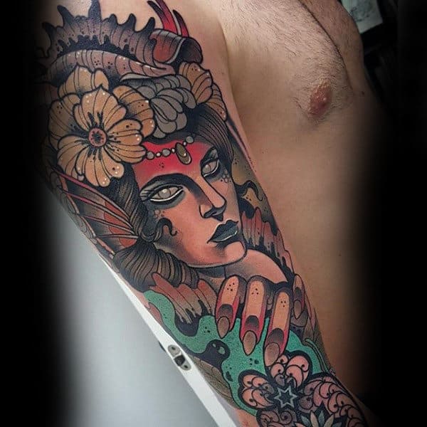 Guys Full Sleeves Sick Lady With Flower Tattoo