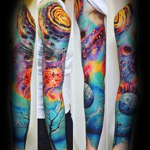 Guys Full Sleeves Spiralling Bright Astronomy Tattoo