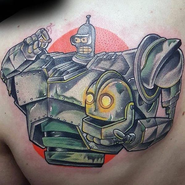 Guys Futurama Bender Robot Tattoo On Upper Back Of Shoulder