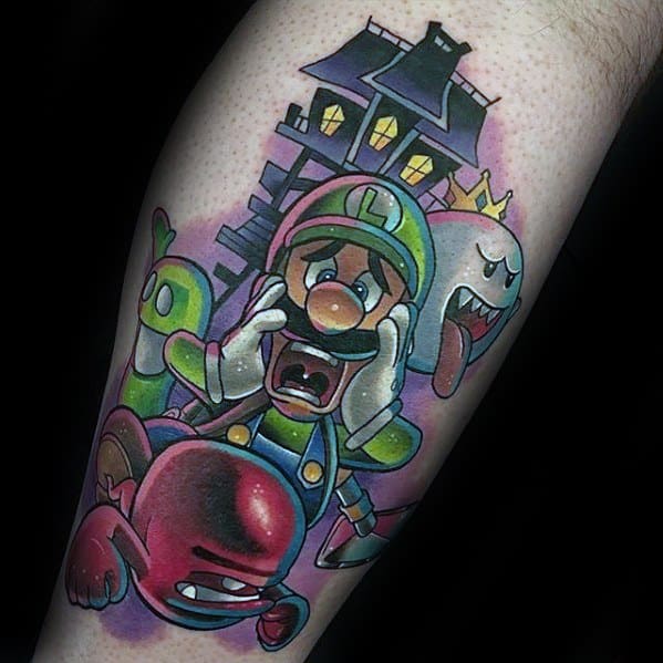 Guys Gamer Tattoo Super Mario Leg Design Ideas