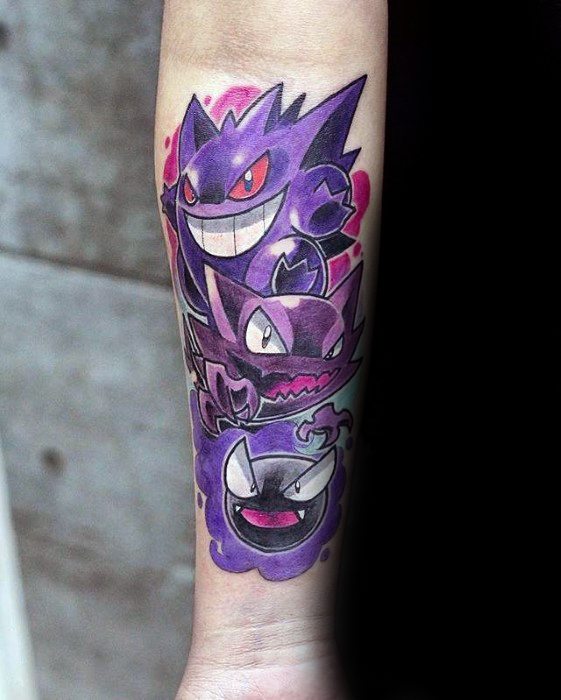 Vibrant forearm tattoo of Gengar, Haunter, and Gastly in a stacked layout, surrounded by bold purple and pink ghostly accents.