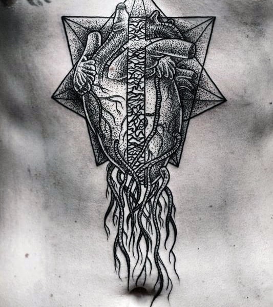 Guys Geometric Heart Chest Tattoo Designs