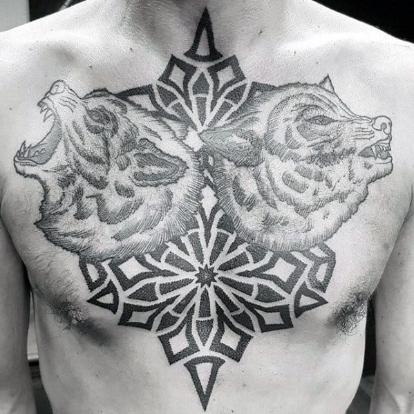 Guys Geometric Howling Wolf Chest Tattoos