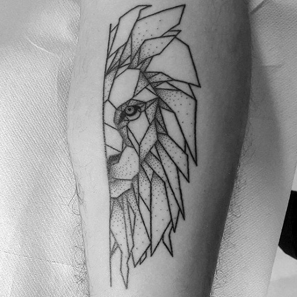 Guys Geometric Lion Tattoo Design Ideas On Leg
