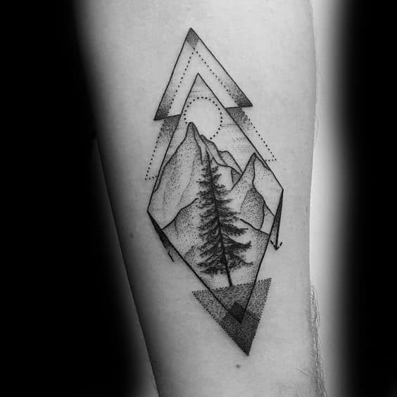 Geometric mountain tattoo with a central pine tree, sun, and layered triangle outlines for a modern nature-inspired design.