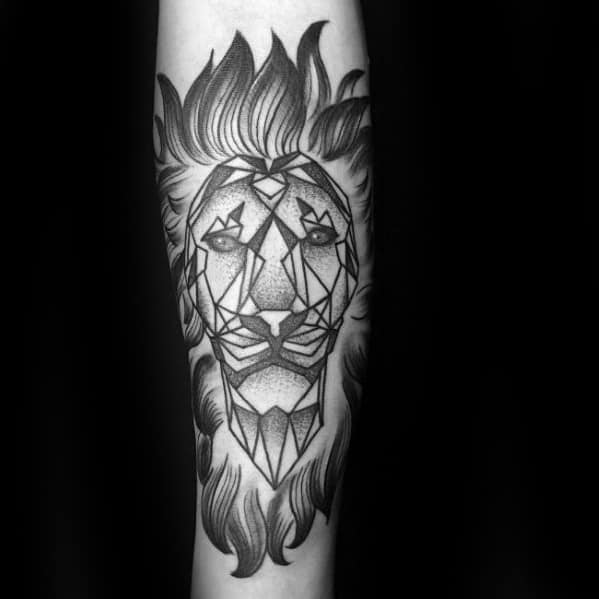 Guys Geometric Shaded Black And Grey Ink Forearm Lion Tattoo