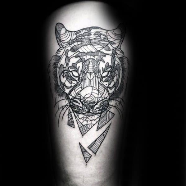 Intricate linework tiger tattoo with abstract geometric detailing and fragmented shapes, creating a layered and artistic effect on the arm.