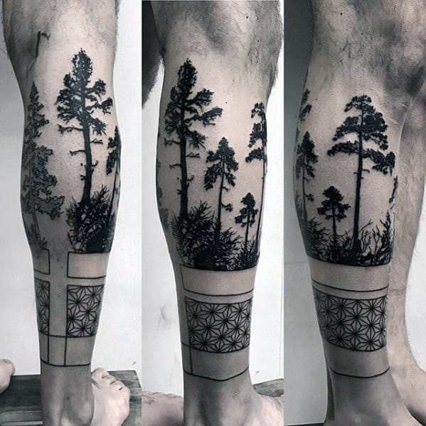 Guys Geometric Trees Leg Band Tattoo Design Ideas