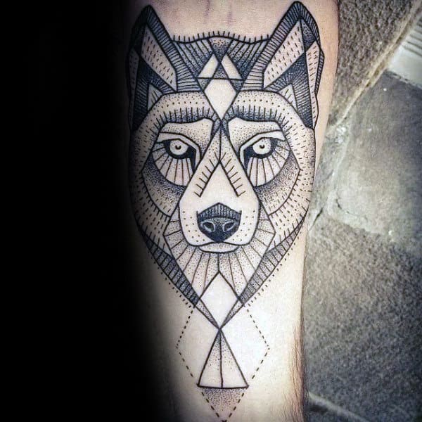 Guys Geometric Wolf Dotwork Inner Forearm Tattoos