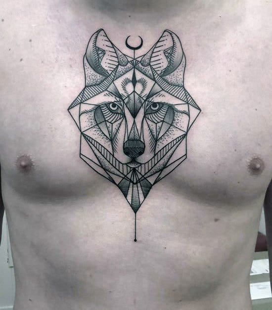 Guys Geometrical Dotwork Wolf Middle Of Chest Tattoo Designs