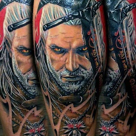 Geralt tattoo with intense yellow eyes, silver hair, and a battle-worn face, featuring a detailed sword and wolf medallion with fiery accents.