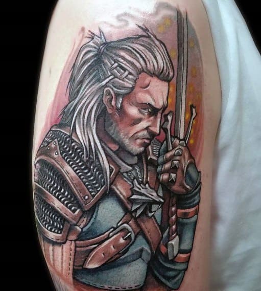 Geralt tattoo in a dynamic pose, gripping his sword with a focused gaze, detailed armor, and a fiery background adding depth and intensity.