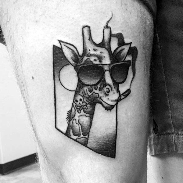 Guys Giraffe Wearing Sunglasses Thigh Tattoo